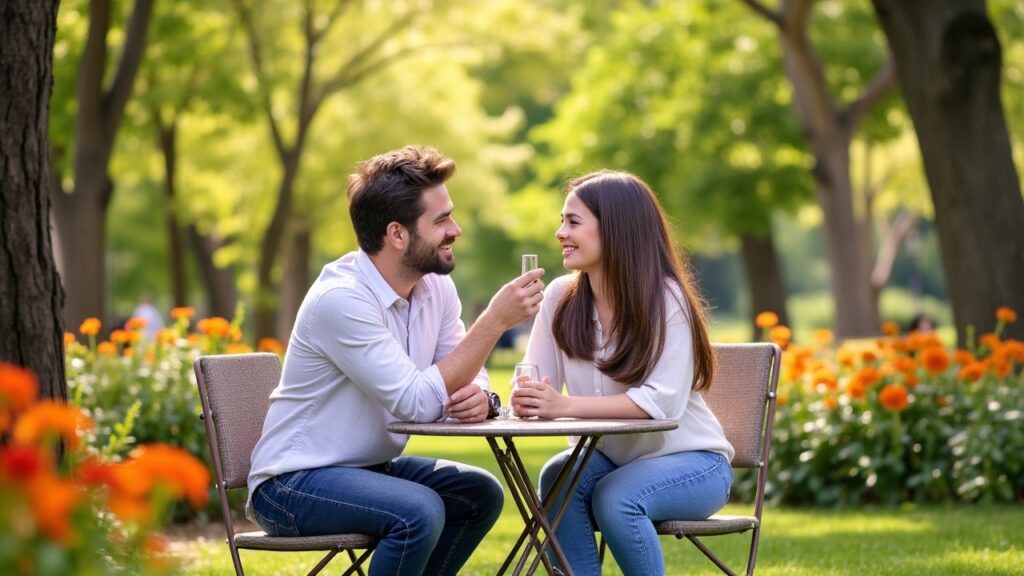 A romantic scene of a man and woman enjoying a date outdoors, surrounded by lush greenery and vibrant flowers