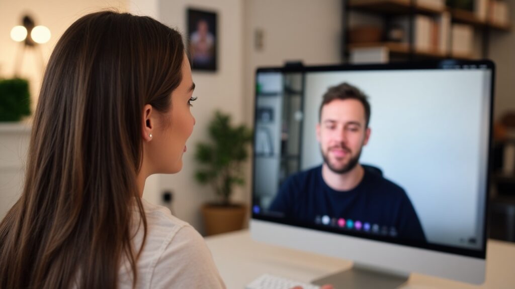 A woman engaged in a video call with a man, both appearing on a computer screen