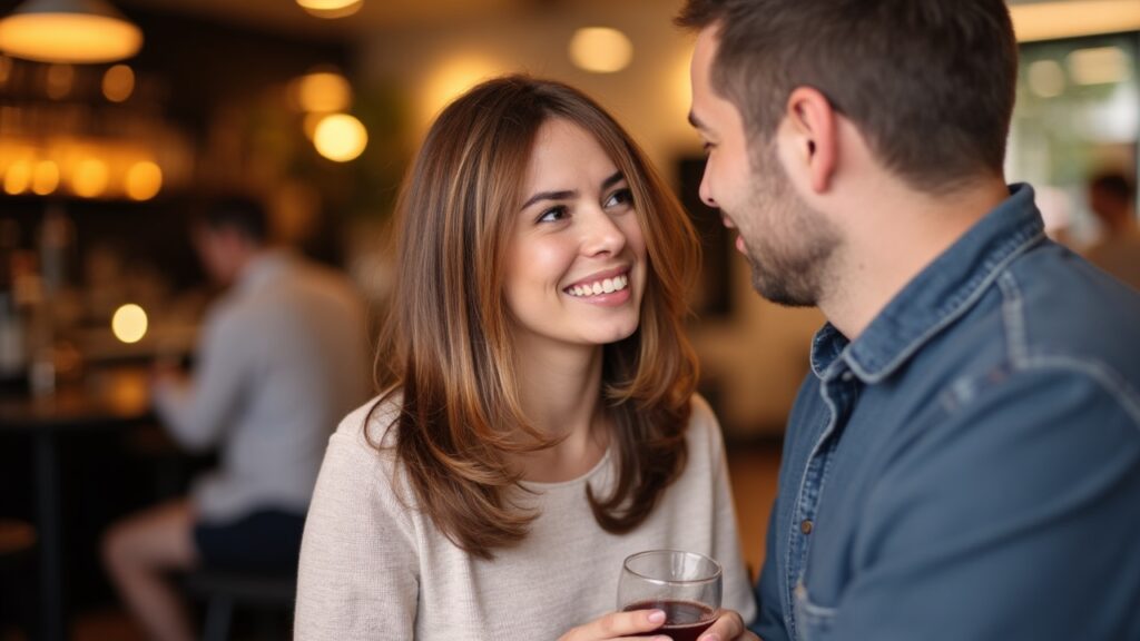 A professional portrait of a woman enjoying a joyful moment on a date with a man after her divorce