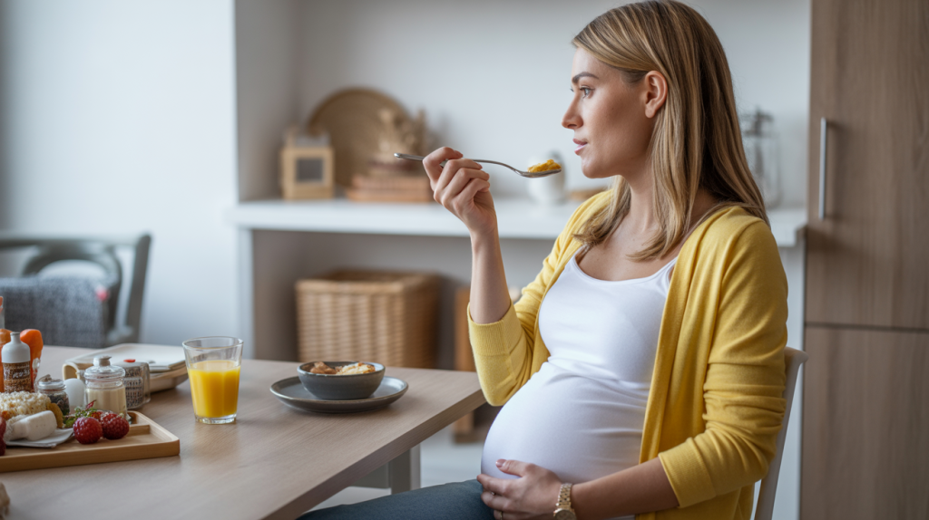 pregnant woman taking breakfast