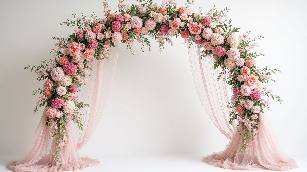 A beautifully arranged floral wedding arch design, featuring an abundance of vibrant blooms in soft pastel colors