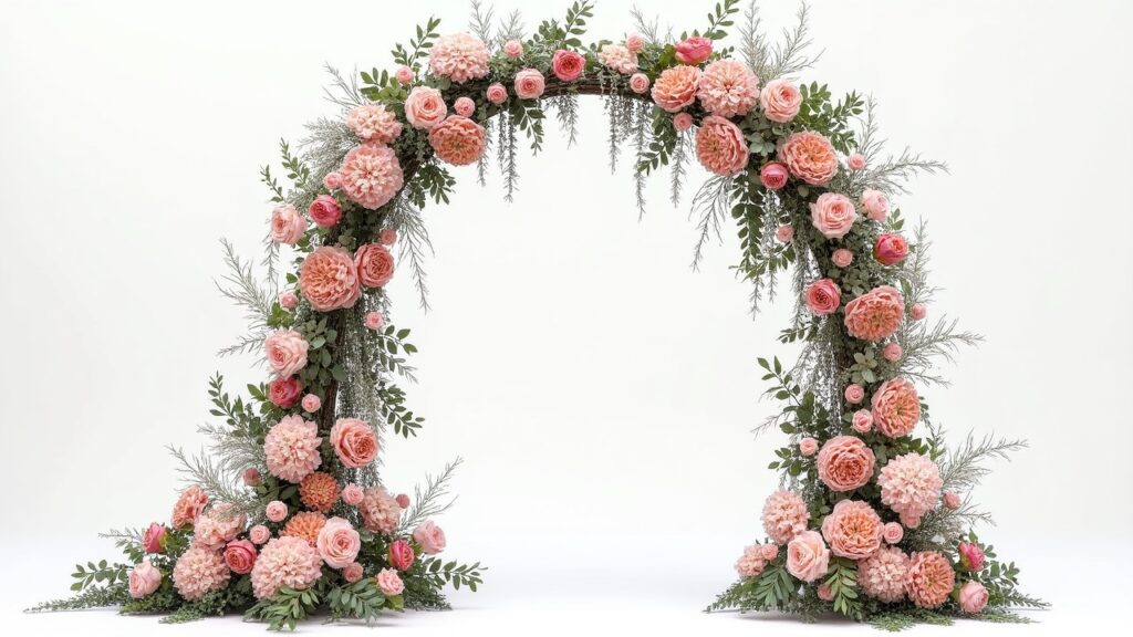 An elegant asymmetrical floral wedding arch design, featuring a harmonious blend of vibrant blooms and lush greenery