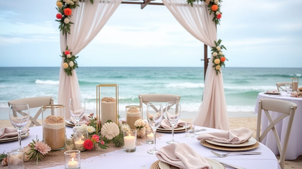 A beautifully arranged beach nautical theme wedding decor scene, showcasing elegant elements such as soft linens, seashells, and driftwood accents