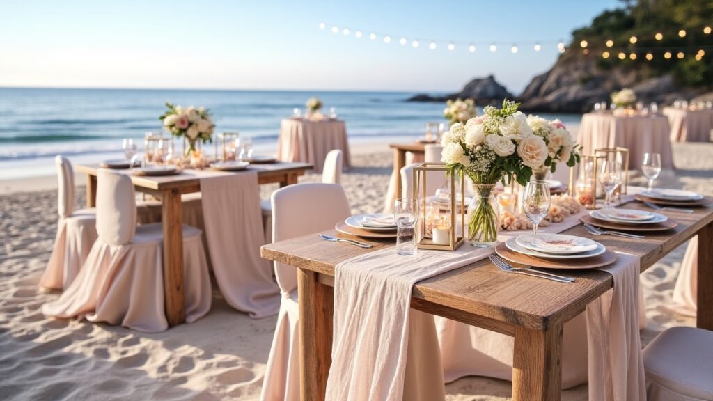 A beautifully arranged beach wedding decor featuring a rustic coastal theme