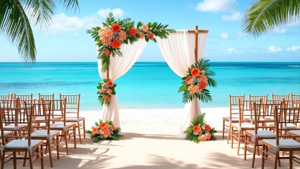 A beautifully arranged tropical paradise wedding decor theme set on a picturesque beach