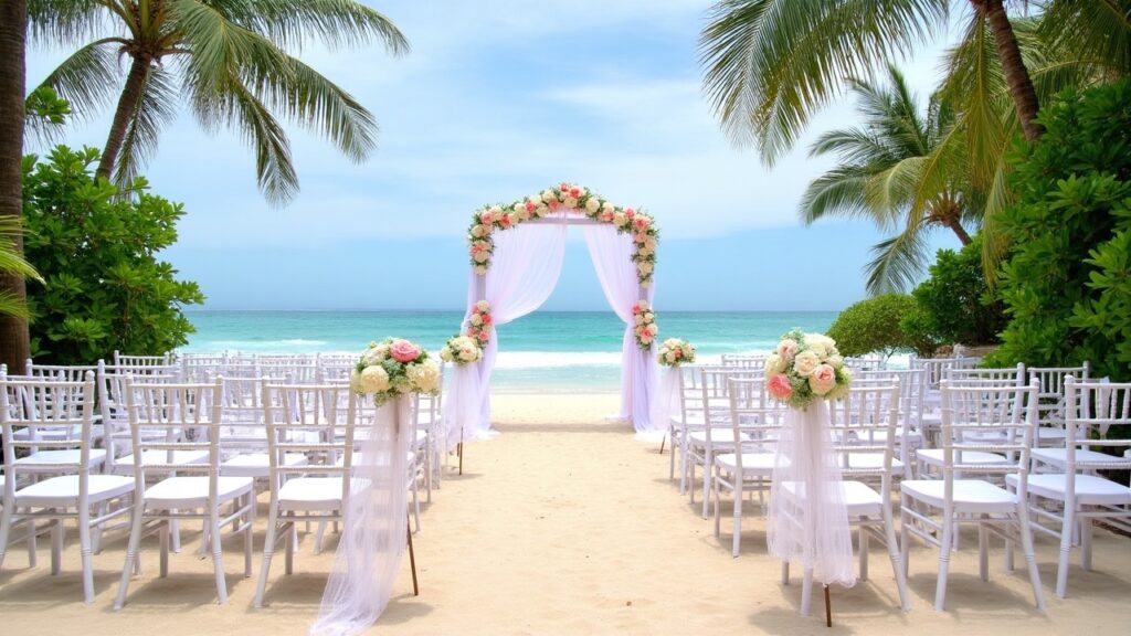 A beautifully arranged beach wedding decor theme, featuring elegant archways adorned with flowing white fabrics and vibrant floral arrangements in soft pastel colors