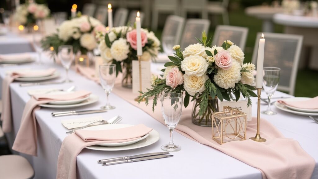 A beautifully arranged minimalist wedding decor scene, featuring elegant table settings with simple floral centerpieces, soft white linens, and subtle candlelight