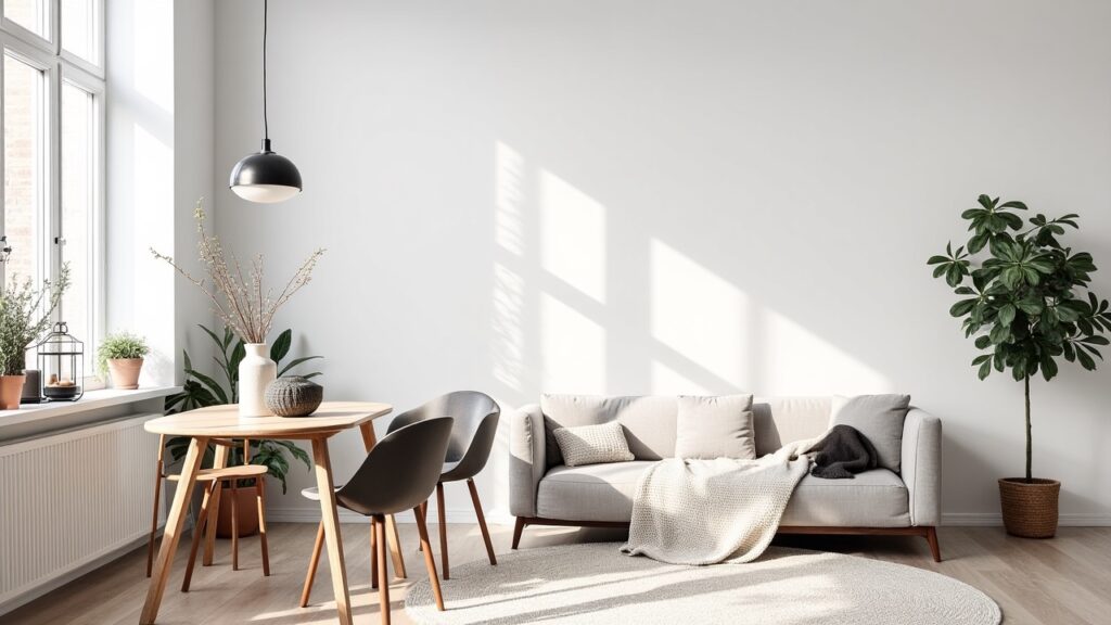 A serene Scandinavian minimalist home decor setup in a cozy small apartment, featuring clean lines and a neutral color palette
