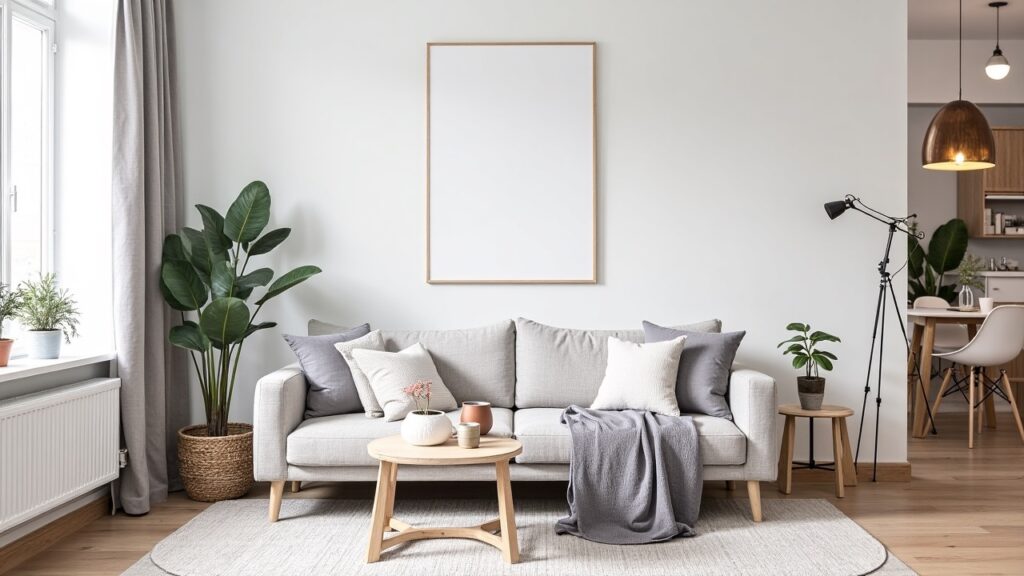 A beautifully arranged Scandinavian minimalist home decor scene in a small apartment, showcasing a harmonious blend of functionality and simplicity