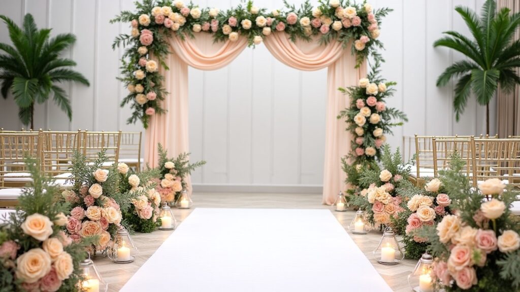 A beautifully arranged wedding aisle decoration, featuring elegant floral arrangements in soft pastel colors, lush greenery, and delicate fabric draping