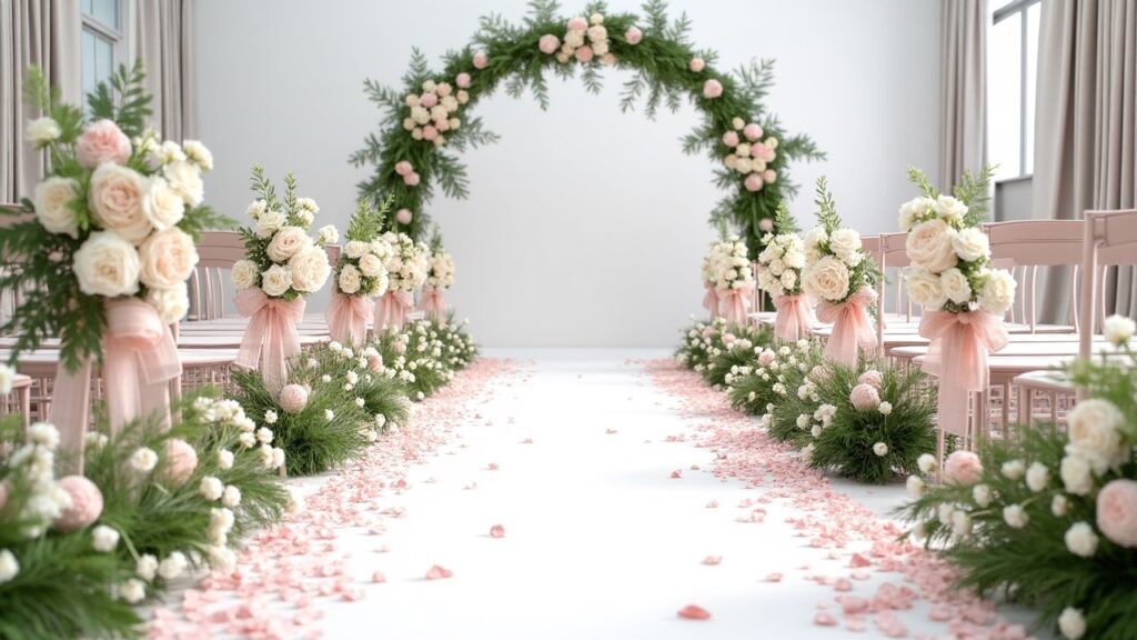 A beautifully arranged wedding aisle decoration, featuring elegant floral arrangements in soft pastel colors