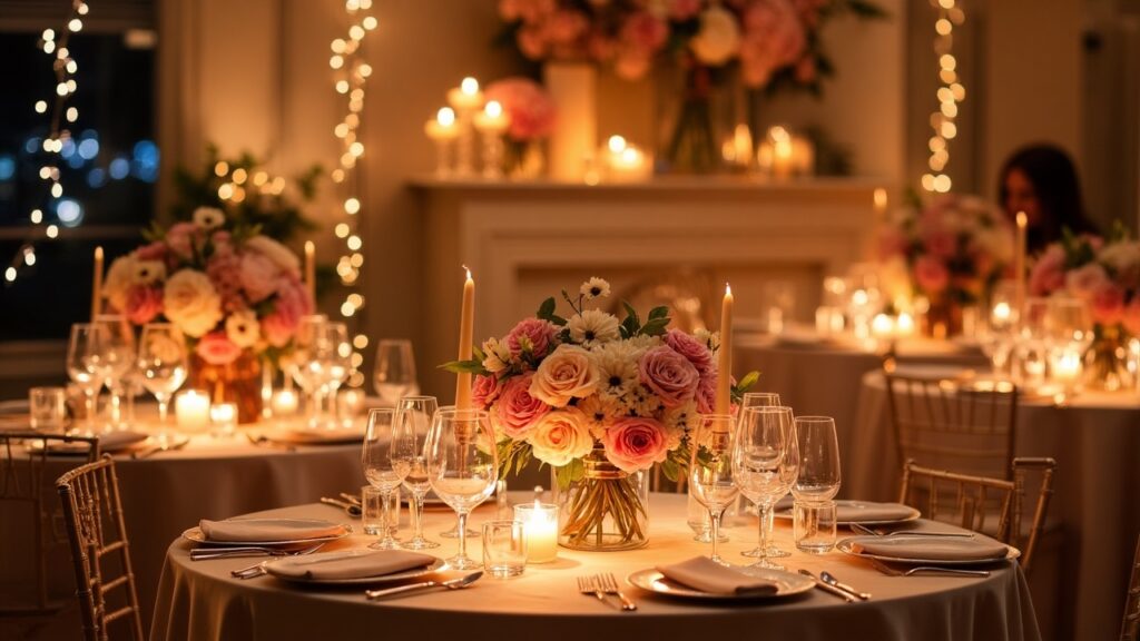 A beautifully arranged wedding scene illuminated by soft, romantic lighting that enhances the festive atmosphere