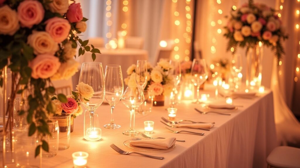 A beautifully arranged wedding scene featuring soft and romantic lighting that enhances the atmosphere of love and celebration