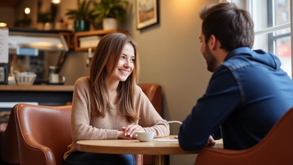 A thoughtful and heartwarming scene depicting a woman enjoying a new beginning in her life, engaging in a light conversation with a man at a cozy caf
