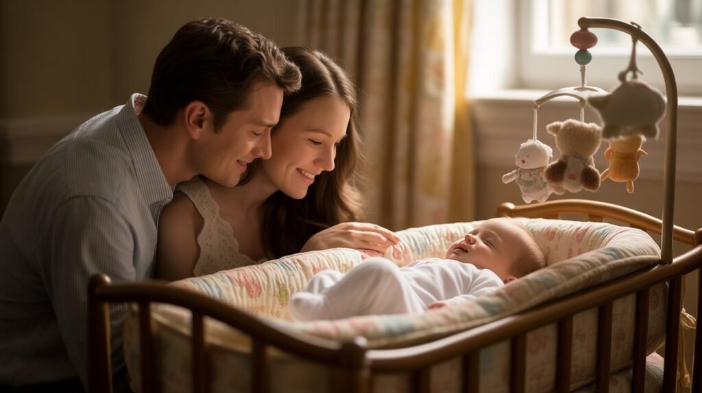 parents with baby in front of baby's bed
