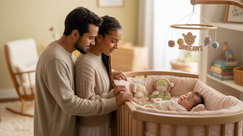 parents with baby in front of baby's bed
