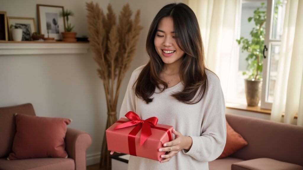 woman receiving gift at home