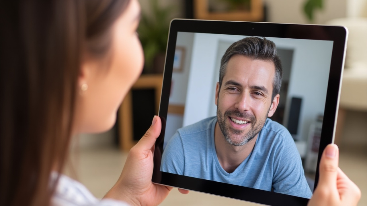 woman talking with man through video call