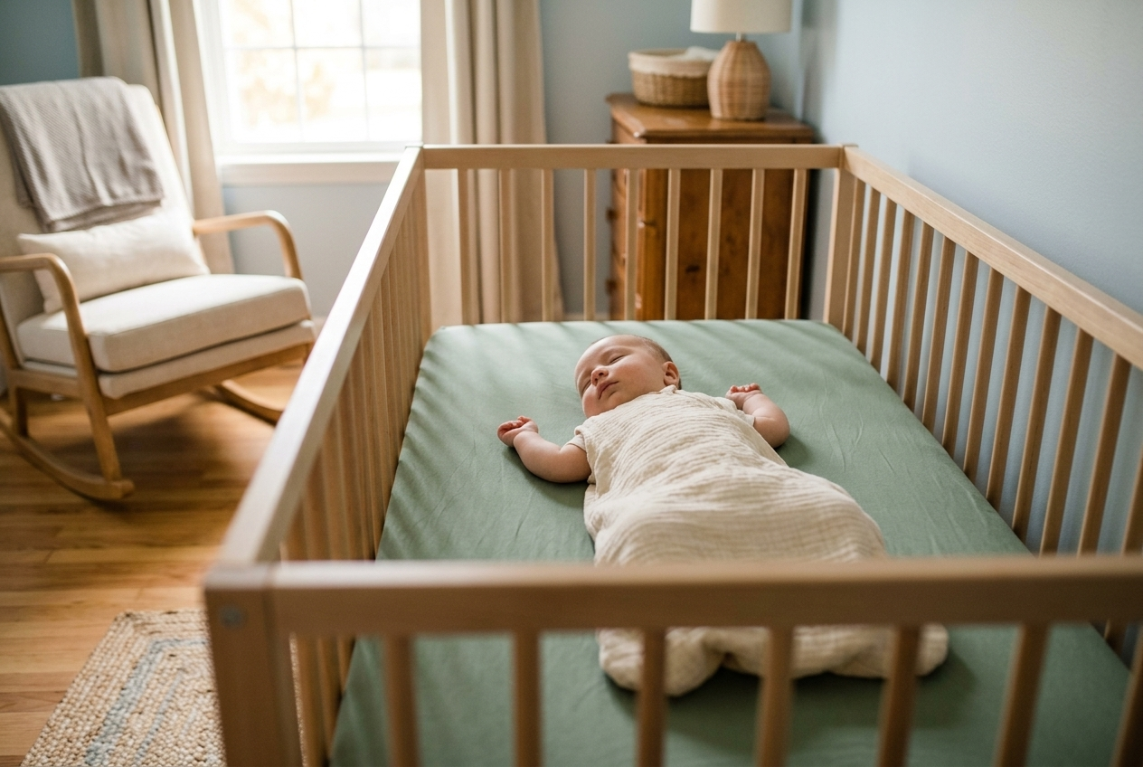Infant sleeping safely on their back in a crib