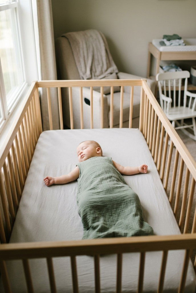 A Firm, Bare Sleep Surface Matters More Than You Think Baby sleeping alone on a firm bare crib mattress