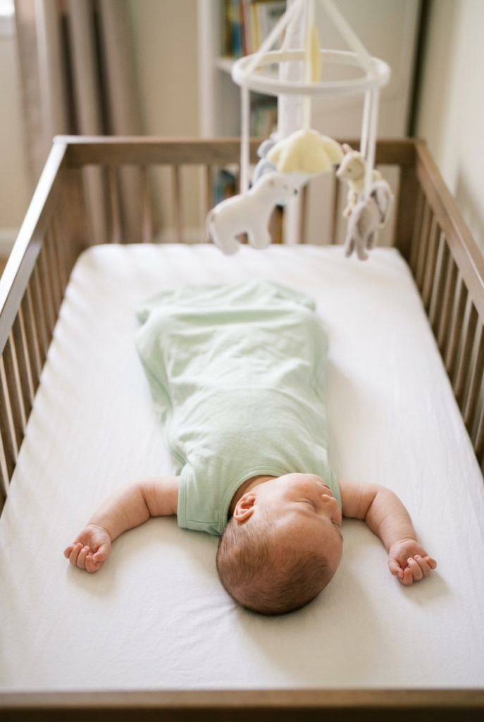 Always Back to Sleep Baby sleeping safely on their back in a crib