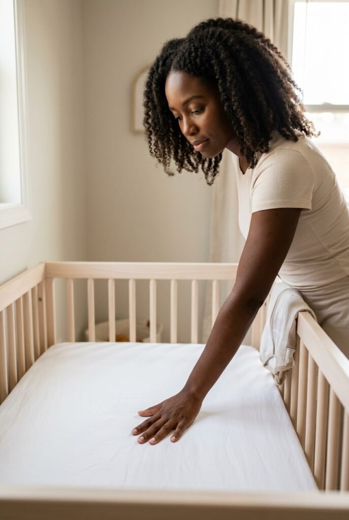 Bahamian mother checking the firm, empty mattress inside a safe baby crib in a clean, minimal nursery.