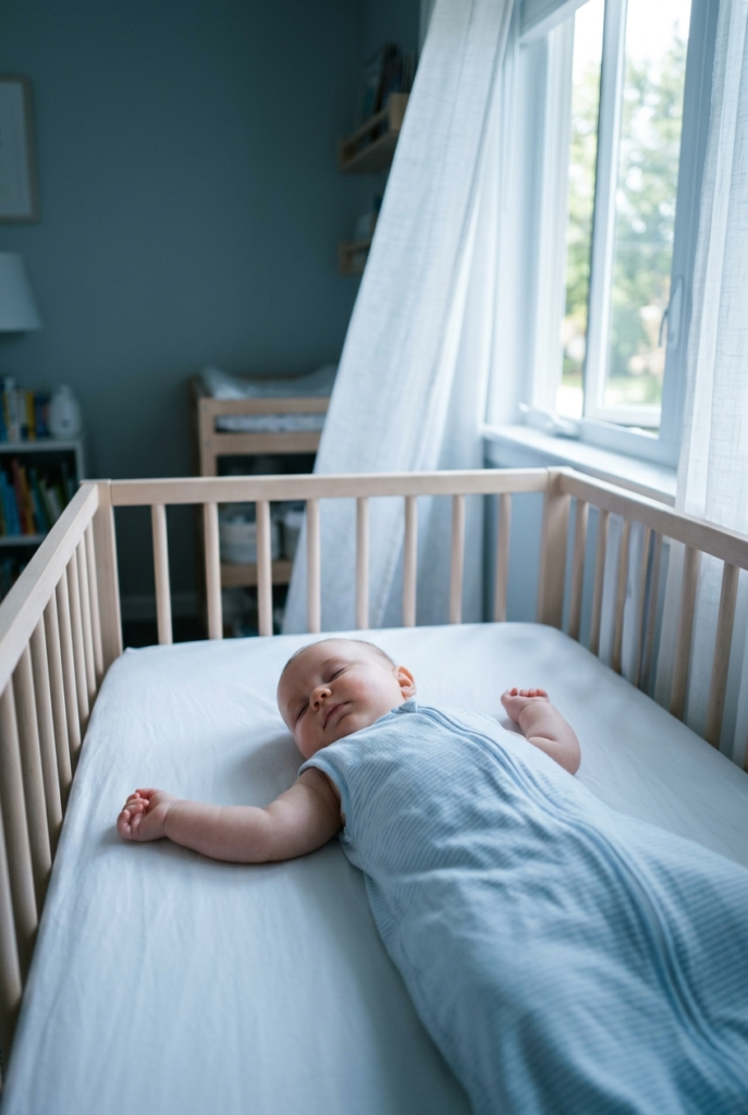 Keeping the Room Cool and the Baby Unbundled Baby sleeping in a light sleep sack in a cool room