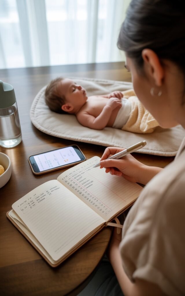 Mother writing feeding notes in journal or using phone app to track newborn cluster feeding patterns