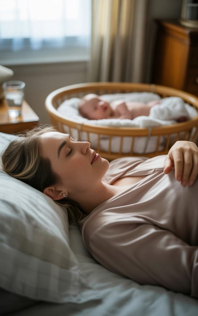 New mother resting peacefully on bed between newborn cluster feeding sessions