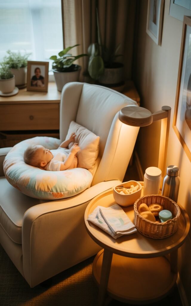 Comfortable breastfeeding station setup with nursing pillow, water bottle, snacks and essentials