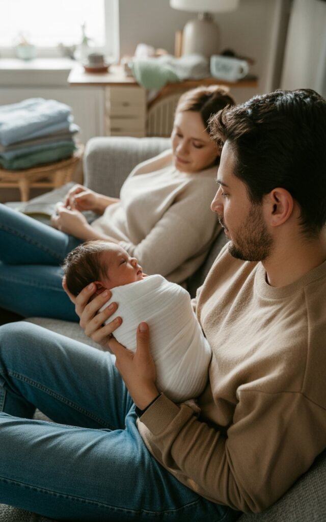 Partner helping new mother during newborn cluster feeding by holding baby