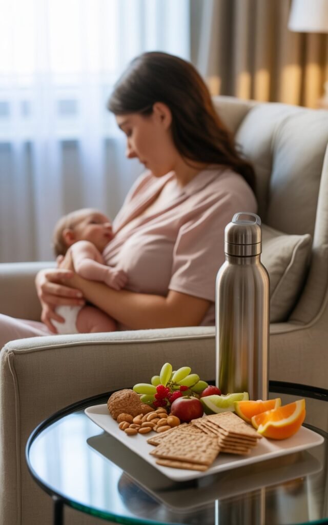 Mother breastfeeding newborn with large water bottle and healthy snacks on table nearby for cluster feeding hydration