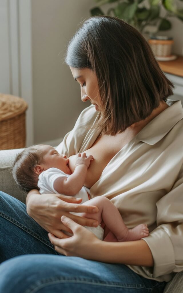 Mother breastfeeding newborn baby in comfortable home setting