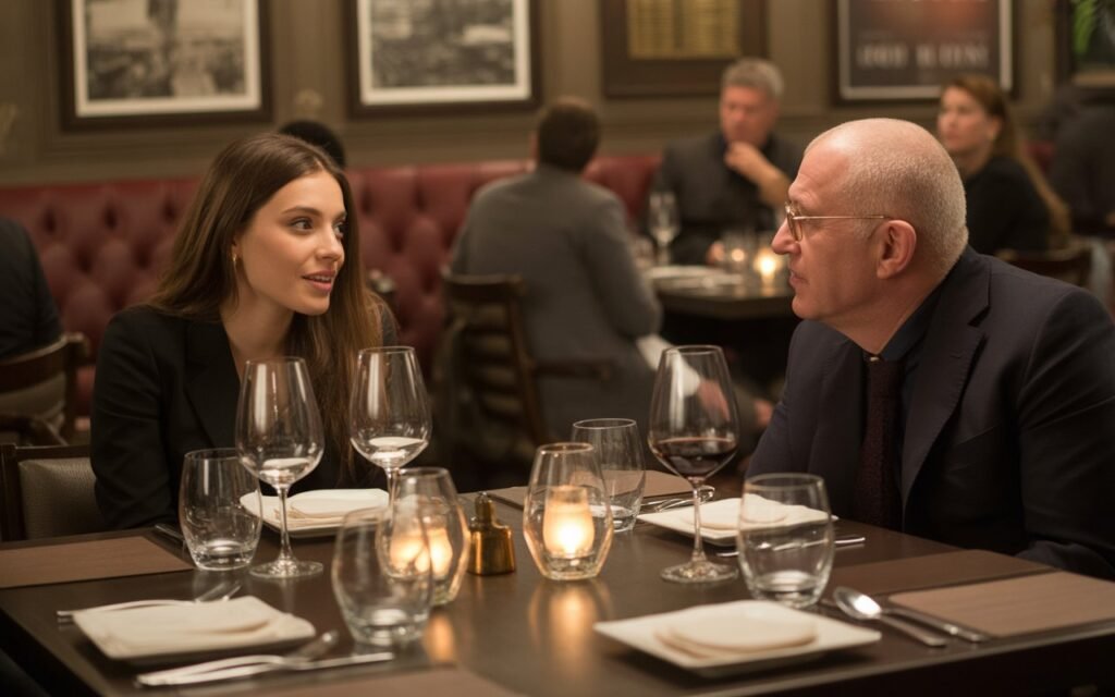 younger woman talking to an older man in a wide table at a restaurant