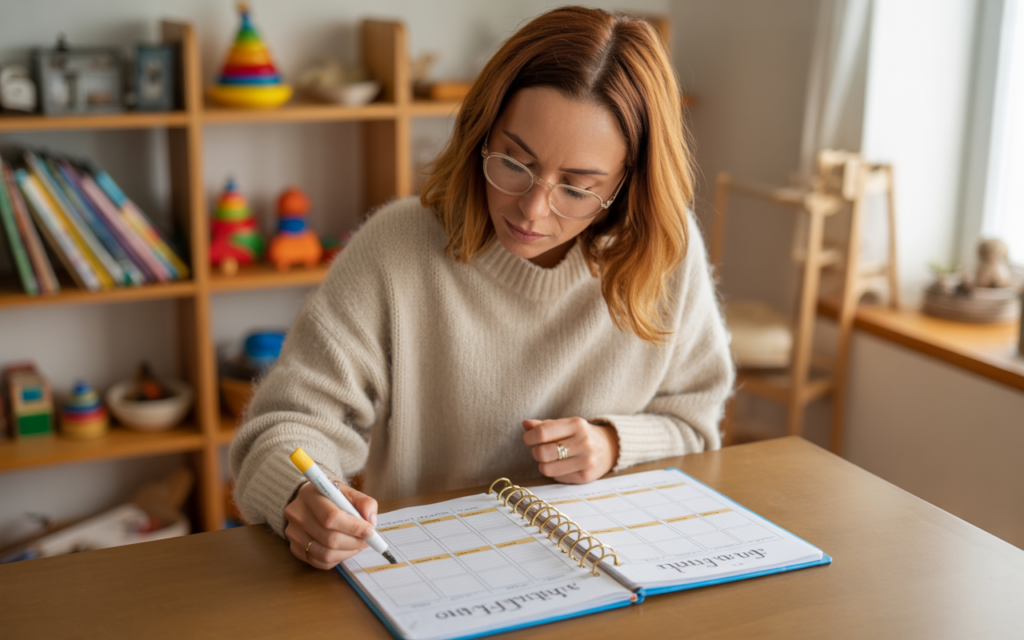 mom working with homeschooling planner at home