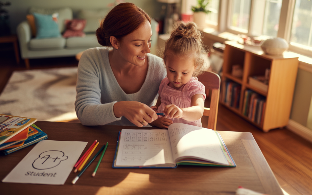 mom doing homeschooling with child at home