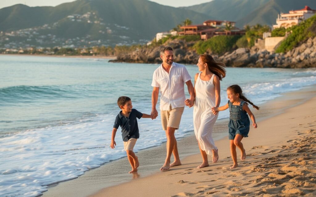 Family taking vacations in Cancun Mexico full closeup, Side Profile, beauty professional female model, casual clothes