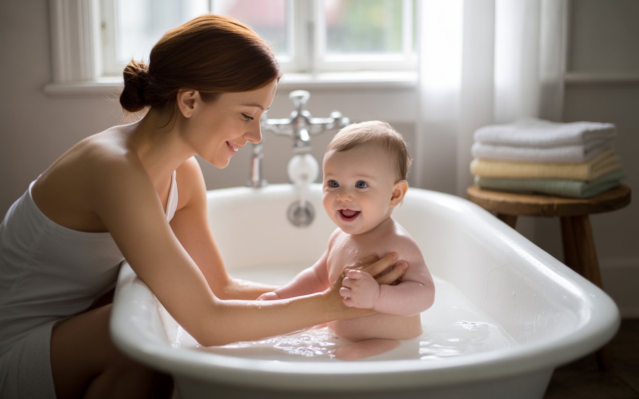 mom giving a bath to baby