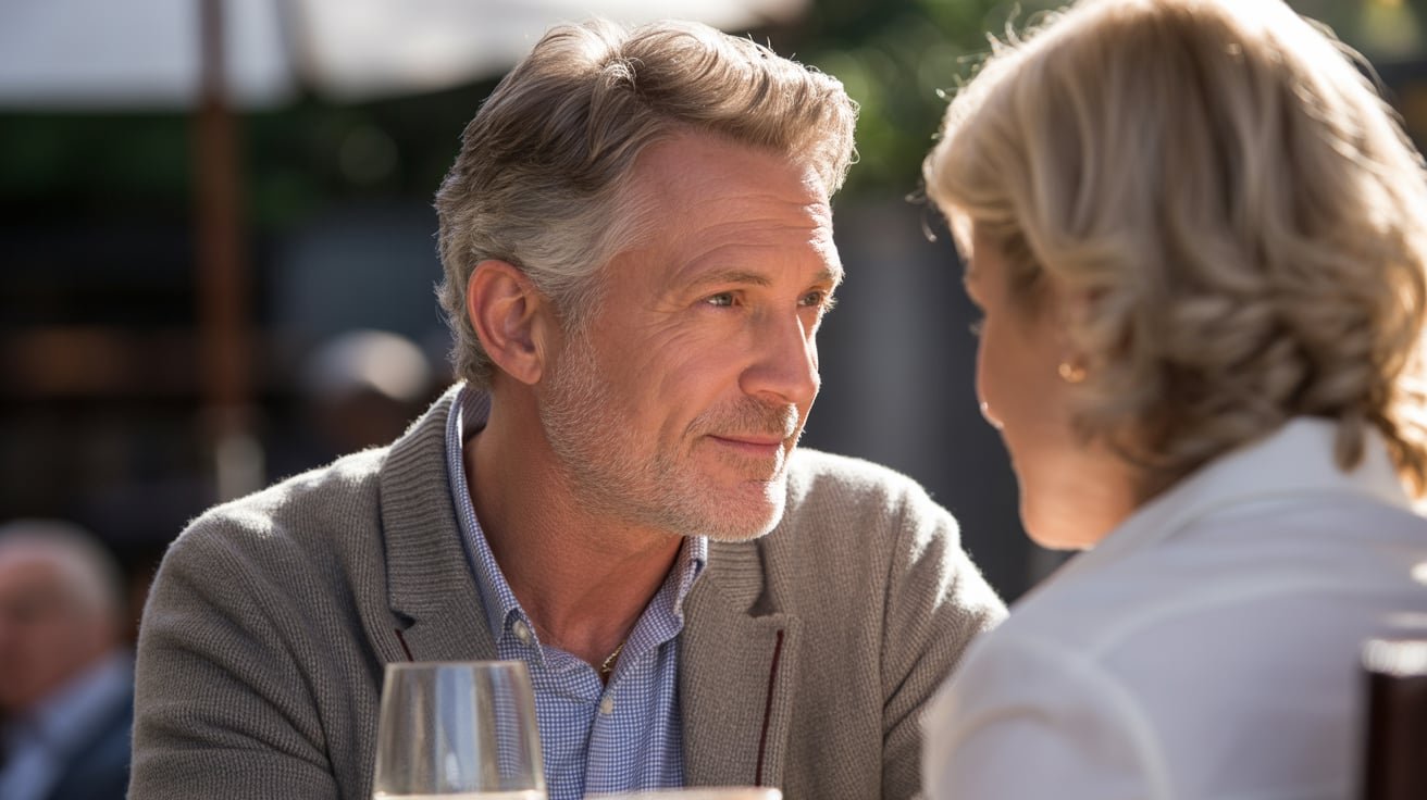 mature man over 50 years old dating a mature woman in a restaurant