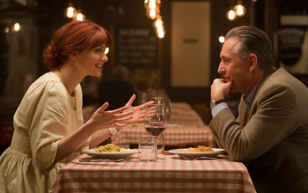 younger woman talking to an older man in a wide table at a restaurant