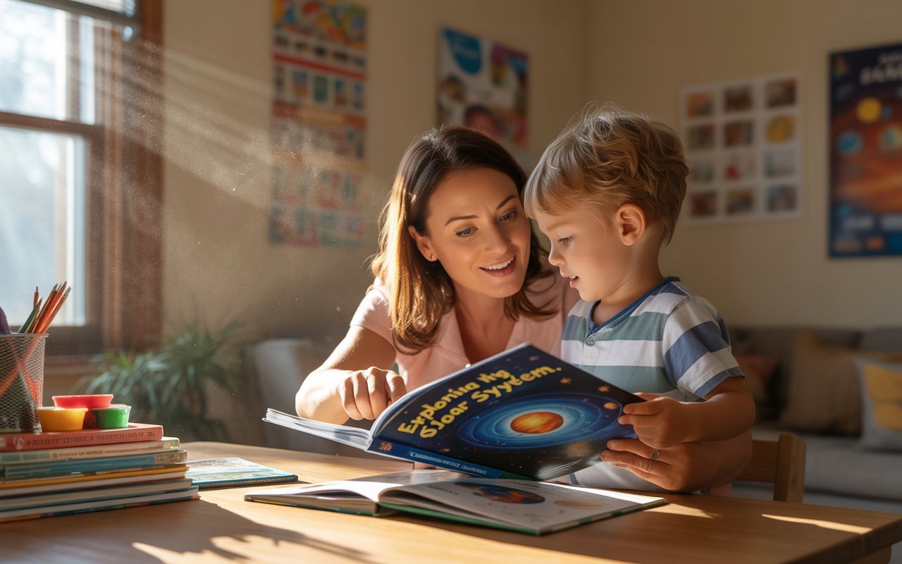 mom doing homeschooling with kid at home