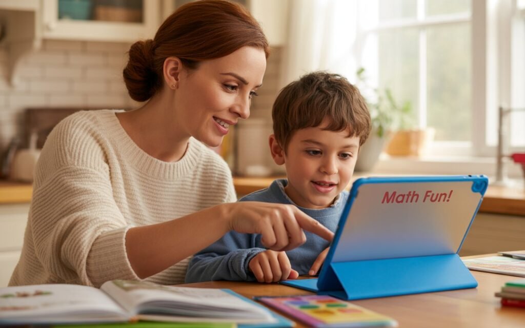mom doing homeschooling with tablet with kid at home