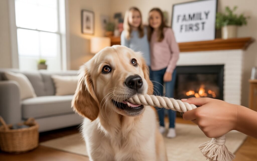 Smart Dog  playing with family 
