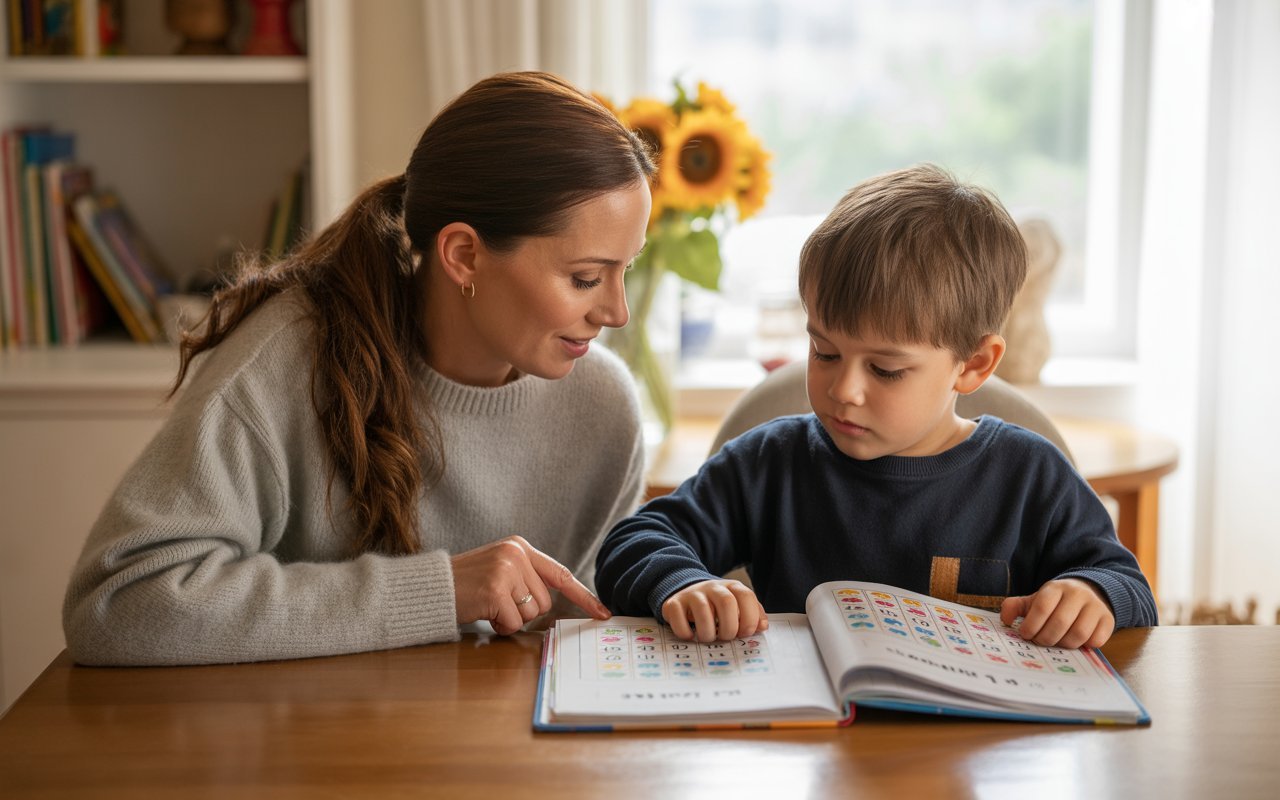 mom doing homeschooling with kid at home