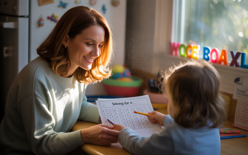 mom doing homeschooling with kid at home