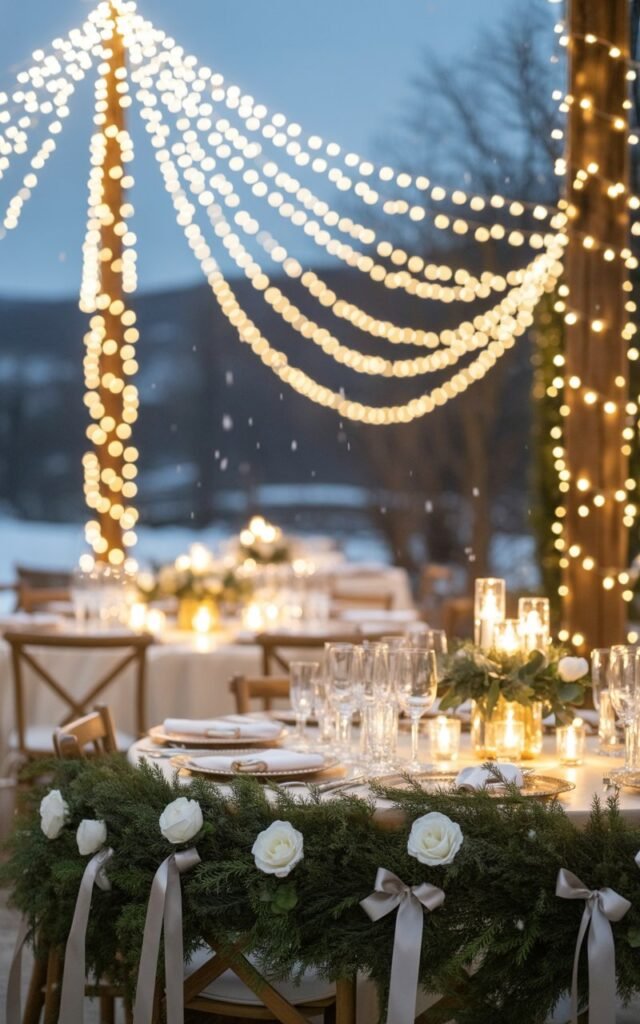 Winter Wedding Decor idea with String Lights and Fairy Light Canopies 