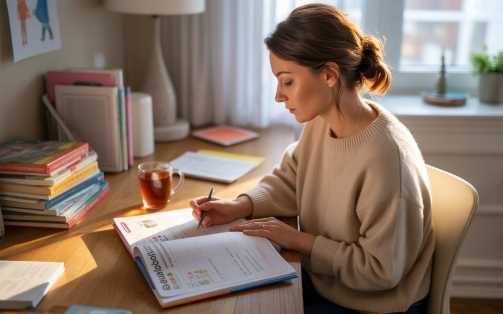 mom working with homeschooling planner at home