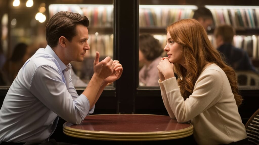 man and introvert woman talking in a restaurant