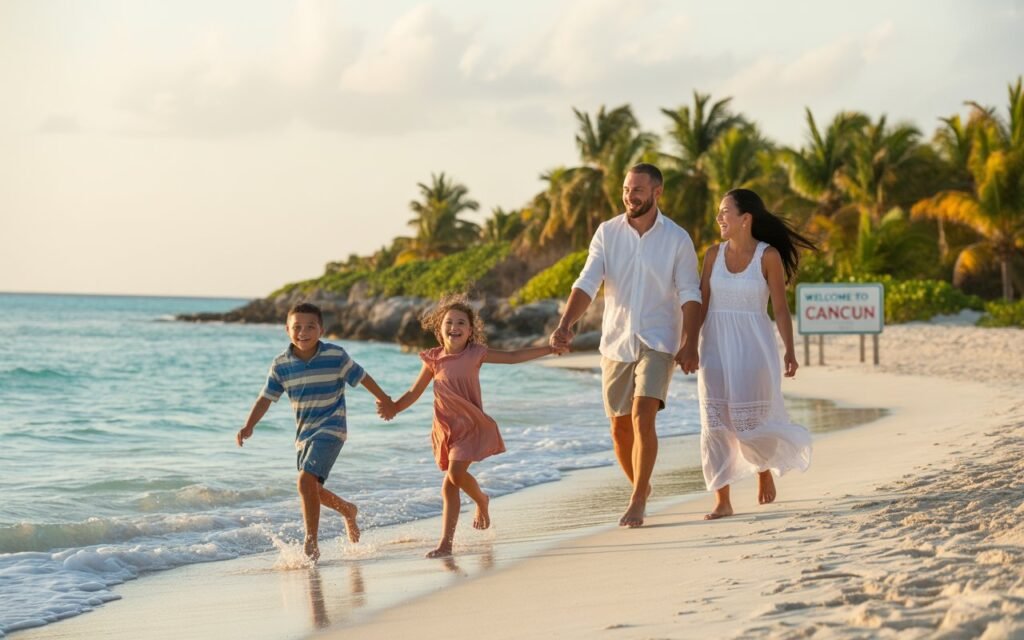 Family taking vacations in Cancun Mexico full closeup, Side Profile, beauty professional female model, casual clothes