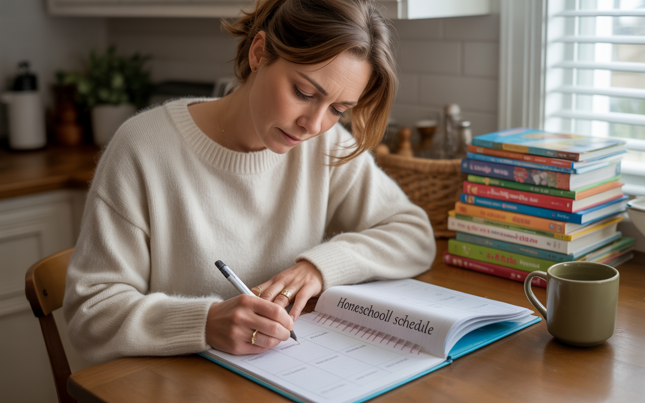 mom working with homeschooling planner at home